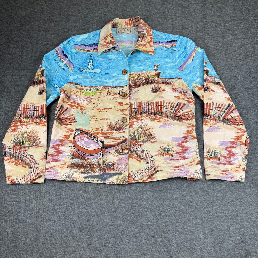 Life Style Eclectic Beach Print Jacket Size Large Lighthouse Boat 100% Cotton